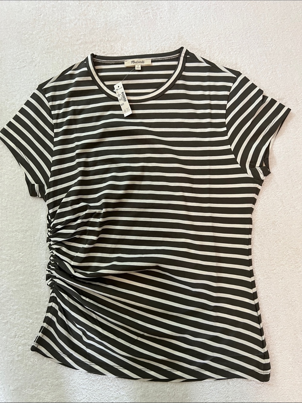 Madewell Asymmetric Ruched SS Tee in Allday Jersey, Pelican Green & White, M